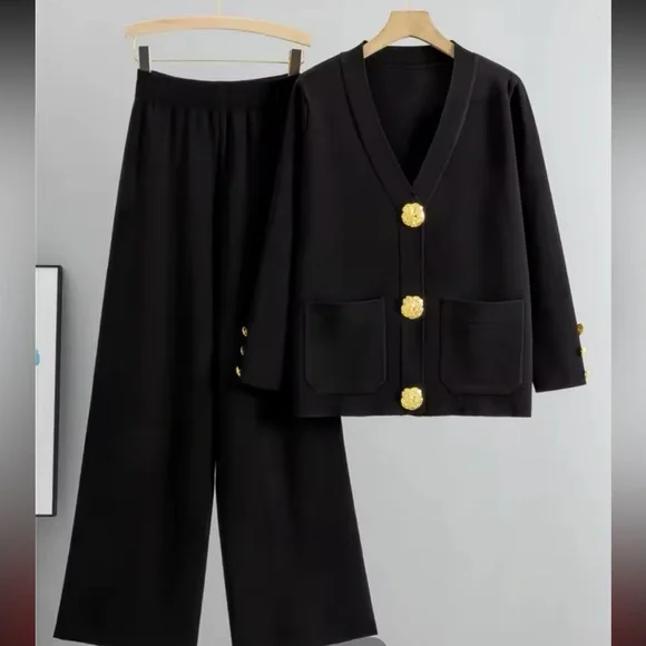 248. V-neck Cardigan Knit Sweater Set with Large Gold Buttons - Picture 1 of 1